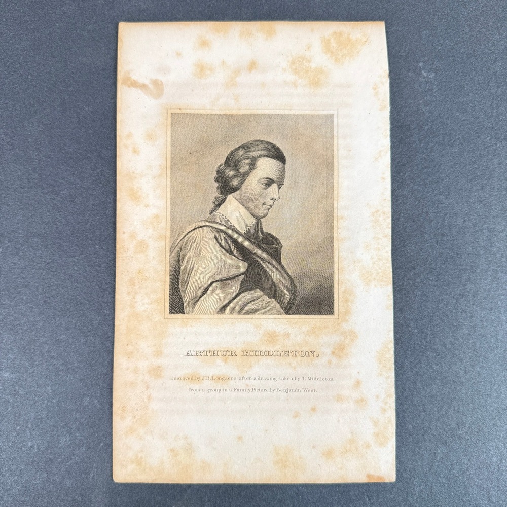 J.B. Longacre Arthur Middleton Engraved Portrait Print, Benjamin West Art 8.5x5"